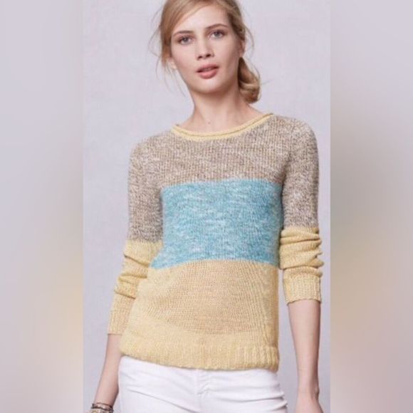 Anthropologie Sweaters - Anthropologie Giuliana Leila Linen Wool Colorblock Long Sleeve Sweater Size M
